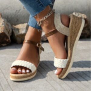 Cream and Brown Espadrille Platform Sandals